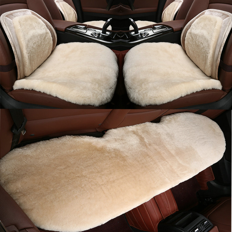 Top Quality Pure Wool Universal Car Seat Cushion Sheepskin Fur Waist Pads 5pcs Set - Beige