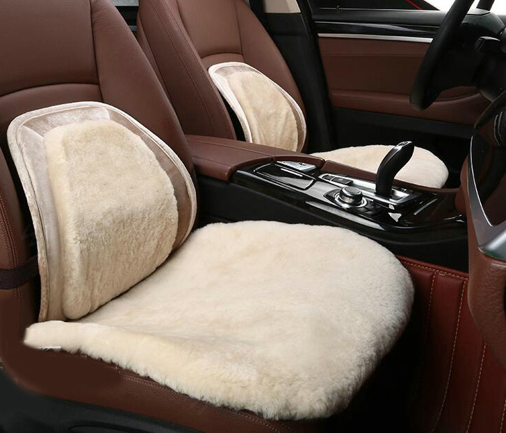 Top Quality Pure Wool Universal Car Seat Cushion Sheepskin Fur Waist Pads 5pcs Set - Beige