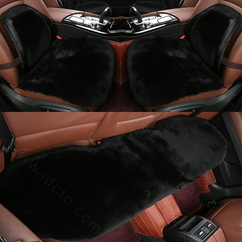Top Quality Pure Wool Universal Car Seat Cushion Sheepskin Fur Waist Pads 5pcs Set - Black