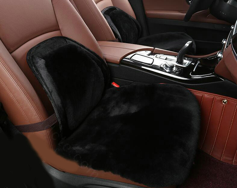 Top Quality Pure Wool Universal Car Seat Cushion Sheepskin Fur Waist Pads 5pcs Set - Black