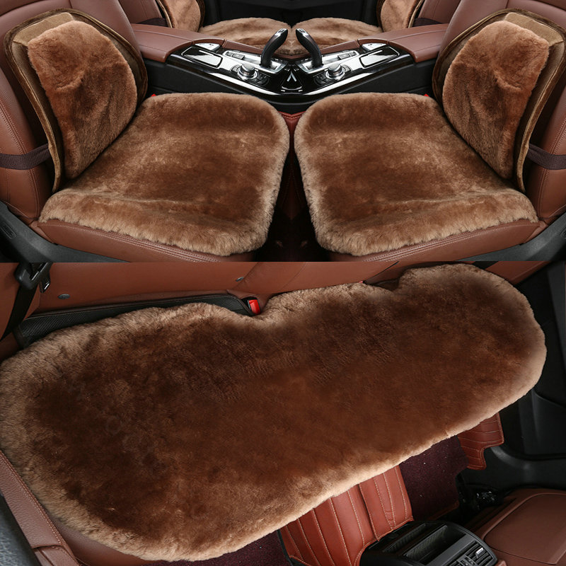 Top Quality Pure Wool Universal Car Seat Cushion Sheepskin Fur Waist Pads 5pcs Set - Coffee