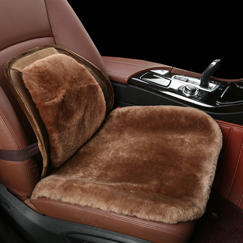 Top Quality Pure Wool Universal Car Seat Cushion Sheepskin Fur Waist Pads 5pcs Set - Coffee