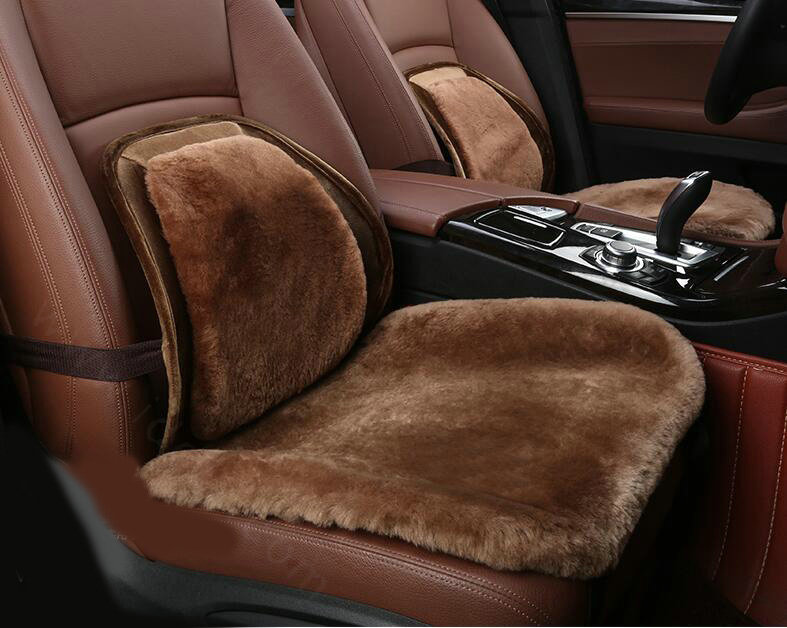 Top Quality Pure Wool Universal Car Seat Cushion Sheepskin Fur Waist Pads 5pcs Set - Coffee