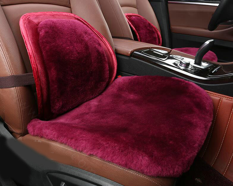 Top Quality Pure Wool Universal Car Seat Cushion Sheepskin Fur Waist Pads 5pcs Set - Rose