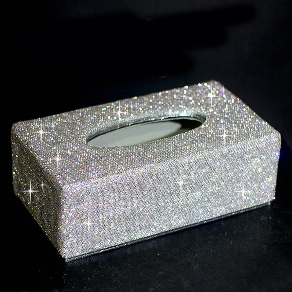 Top grade Full Crystal Auto Tissue Paper Box Case Creative For Car Office Home Decor L Size - White