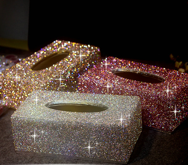 Top grade Full Crystal Auto Tissue Paper Box Case Creative For Car Office Home Decor - White