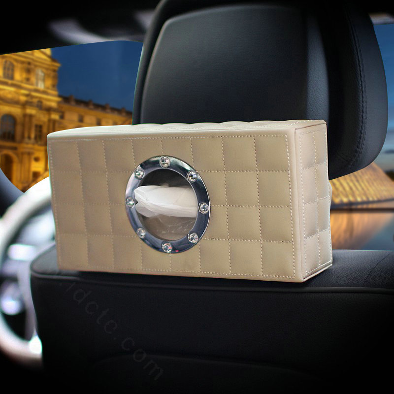 Top grade Leather Car Tissue Paper Box Holder Case Seat Back Hanging Tissue Bag - Beige