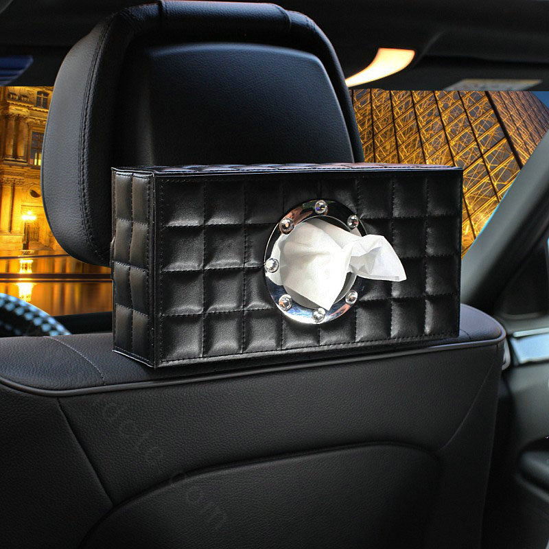 Top grade Leather Car Tissue Paper Box Holder Case Seat Back Hanging Tissue Bag - Black