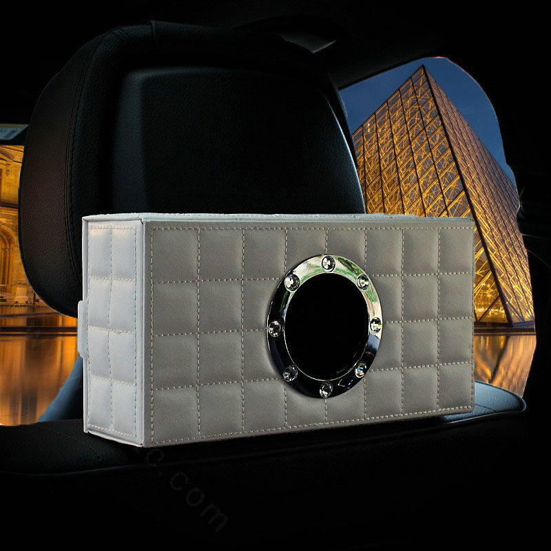 Top grade Leather Car Tissue Paper Box Holder Case Seat Back Hanging Tissue Bag - White