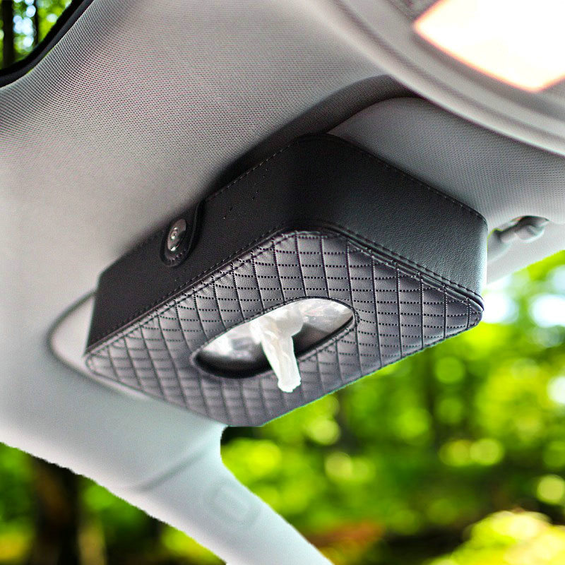 Top grade Leather Hanging Car Tissue Box Case Man Magnet Sun Visor Tissue Bag - Black