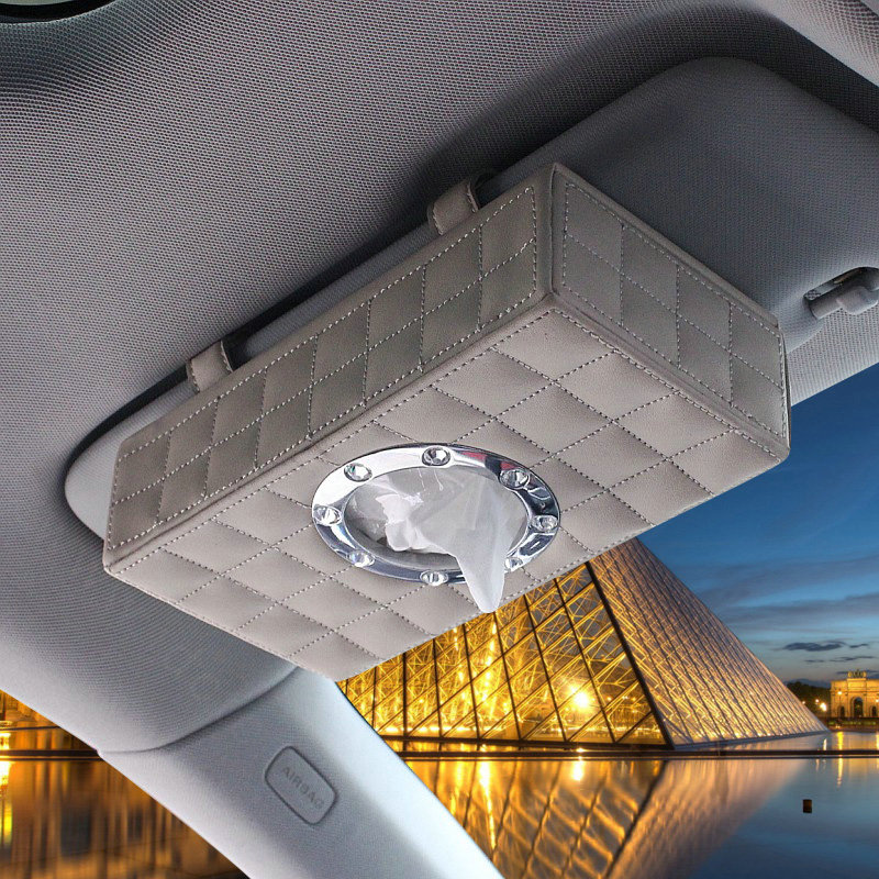 Top grade Leather Hanging Car Tissue Paper Box Holder Case Sun Visor Tissue Bag - Beige