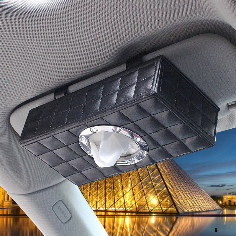 Top grade Leather Hanging Car Tissue Paper Box Holder Case Sun Visor Tissue Bag - Black