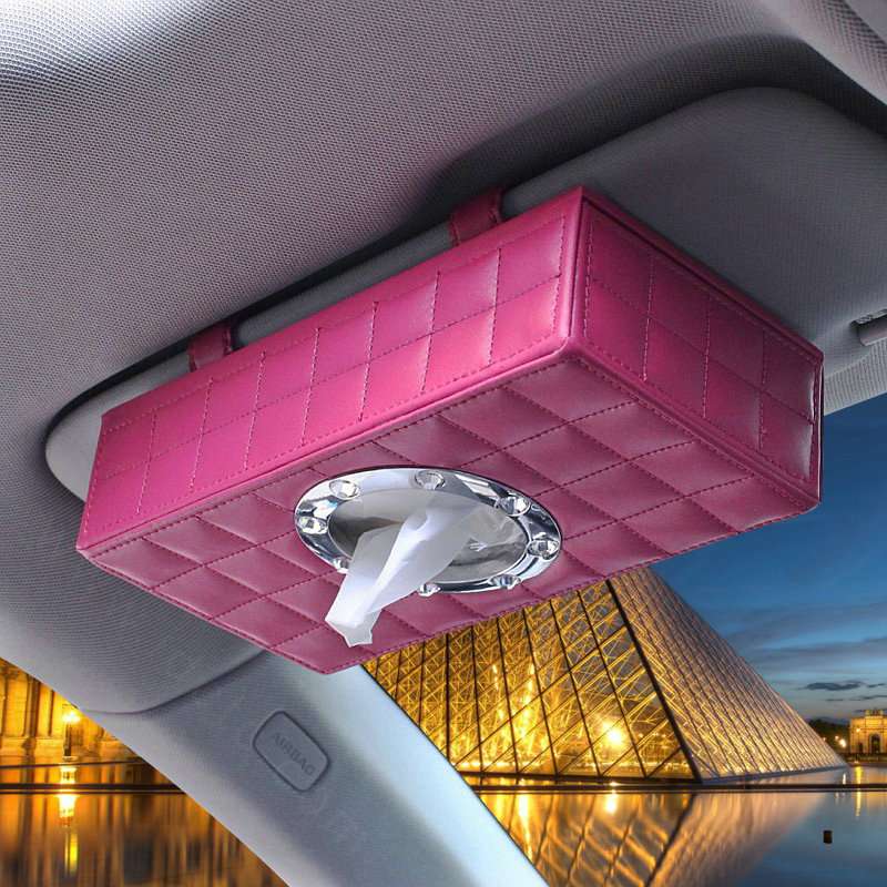 Top grade Leather Hanging Car Tissue Paper Box Holder Case Sun Visor Tissue Bag - Rose
