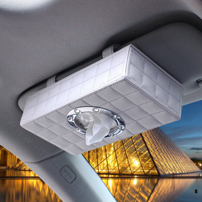 Top grade Leather Hanging Car Tissue Paper Box Holder Case Sun Visor Tissue Bag - White