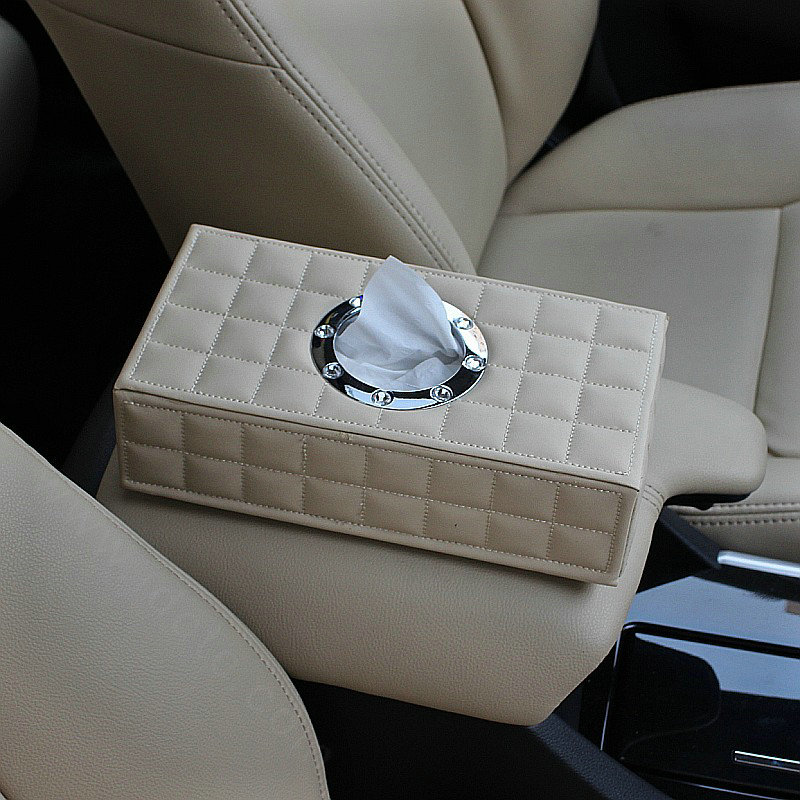 Top grade Leather Magnet Car Tissue Paper Box Holder Case Interior Accessories - Beige