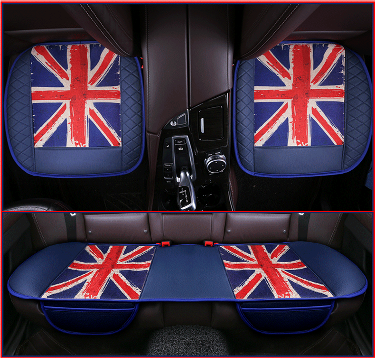UK British Flag Leather Car Seat Cushion Front and Rear Universal Auto Pads 3pcs Set - Blue