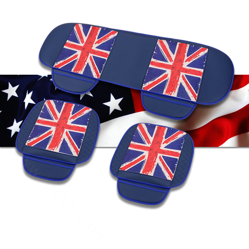 UK British Flag Leather Car Seat Cushion Front and Rear Universal Auto Pads 3pcs Set - Blue