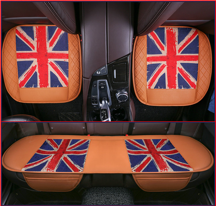 UK British Flag Leather Car Seat Cushion Front and Rear Universal Auto Pads 3pcs Set - Brown