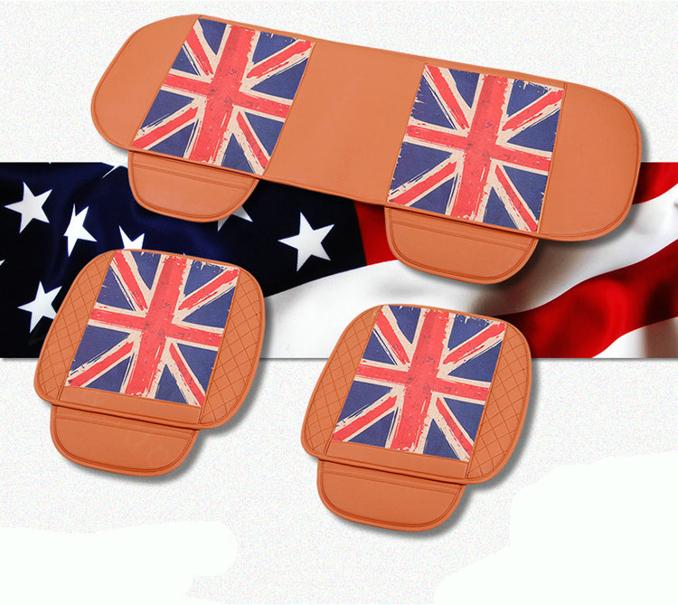 UK British Flag Leather Car Seat Cushion Front and Rear Universal Auto Pads 3pcs Set - Brown