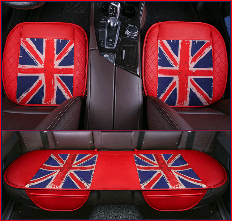 UK British Flag Leather Car Seat Cushion Front and Rear Universal Auto Pads 3pcs Set - Red