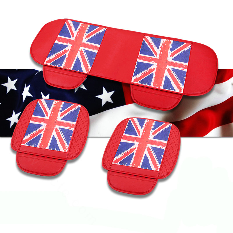 UK British Flag Leather Car Seat Cushion Front and Rear Universal Auto Pads 3pcs Set - Red