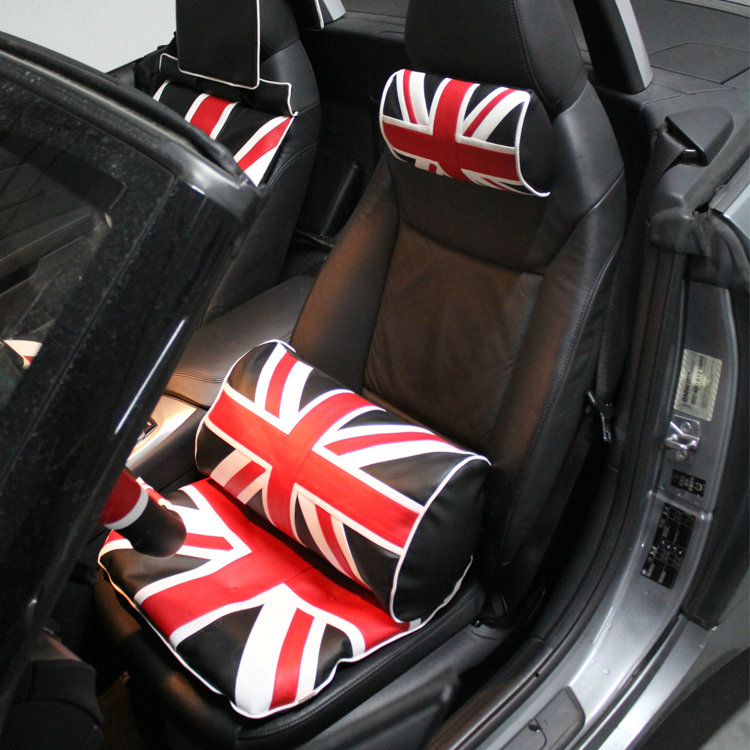 UK British Flag Print Car Seat Waist Pillows PU Leather Lumbar Cushions 1pcs - Black