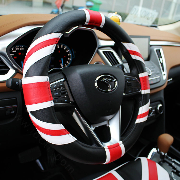 UK British Flag Print Leather Car Steering Wheel Covers PVC 15 inch 38CM - Black Red
