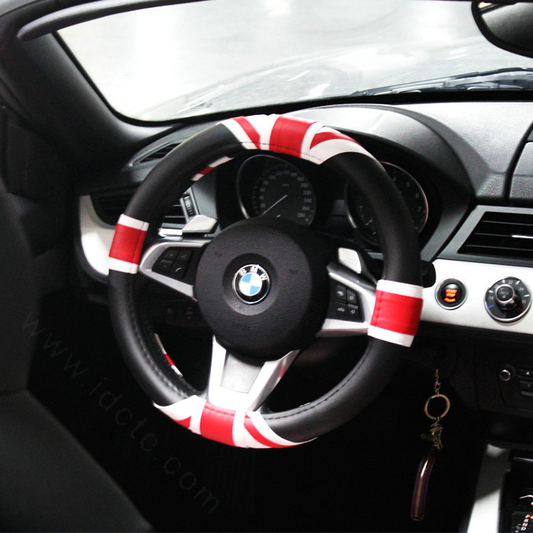 UK British Flag Print Leather Car Steering Wheel Covers PVC 15 inch 38CM - Black Red