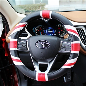 UK British Flag Print Leather Car Steering Wheel Covers PVC 15 inch 38CM - Black Red