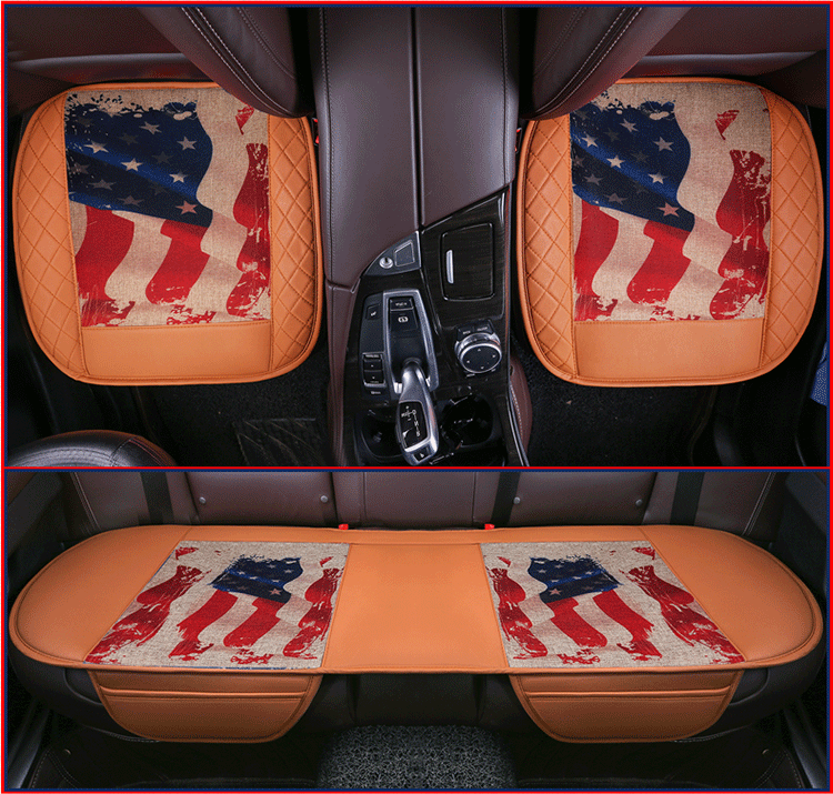 U.S.A Flag Leather Car Seat Cushion Front and Rear Universal Auto Pads 3pcs Set - Brown