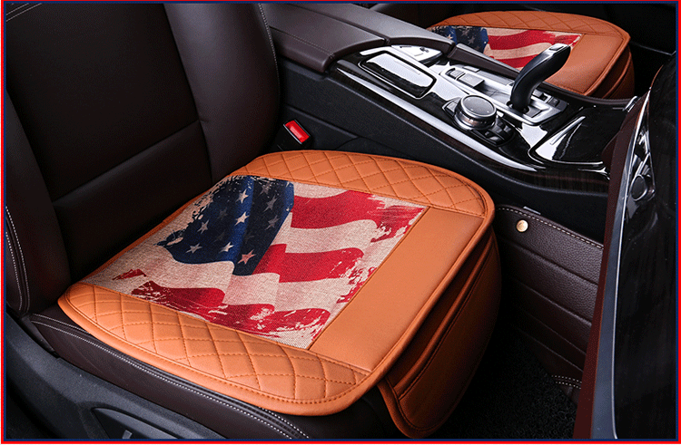 U.S.A Flag Leather Car Seat Cushion Front and Rear Universal Auto Pads 3pcs Set - Brown