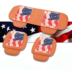 U.S.A Flag Leather Car Seat Cushion Front and Rear Universal Auto Pads 3pcs Set - Brown