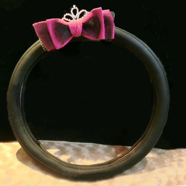 Unique Diamond Bowknot Car Steering Wheel Covers Genuine Leather 15 inch 38CM - Black