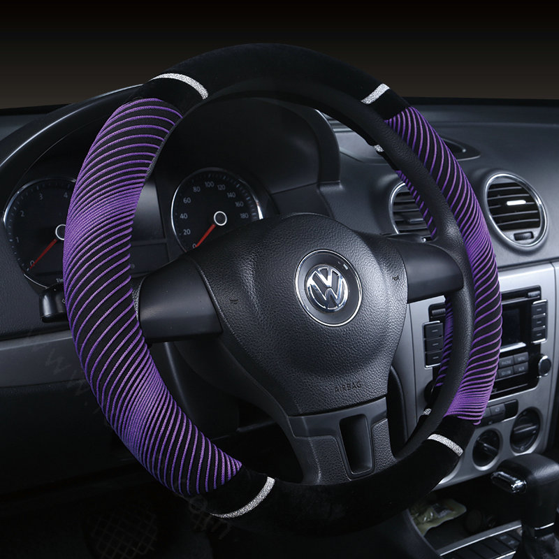 Unique Winter Stripe Glitter Velvet Car Steering Wheel Covers Plush 15 inch 38CM - Purple