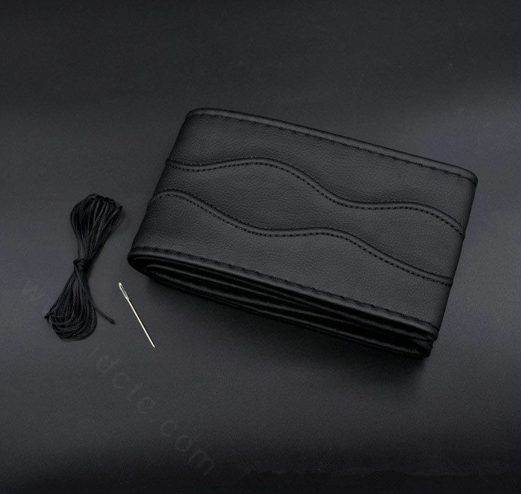 Universal 38CM DIY Leather Car Steering Wheel Cover Hand-Stitched With Needles and Thread - Black