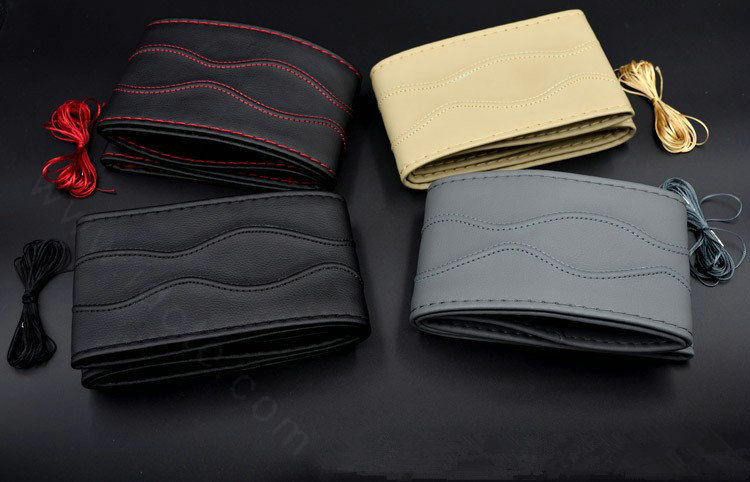 Universal 38CM DIY Leather Car Steering Wheel Cover Hand-Stitched With Needles and Thread - Black