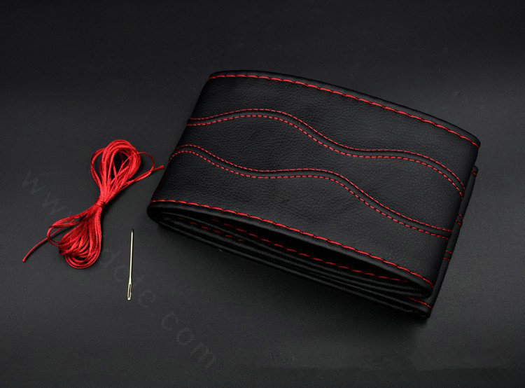Universal 38CM DIY Leather Car Steering Wheel Cover Hand-Stitched With Needles and Thread - Red Black