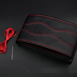 Universal 38CM DIY Leather Car Steering Wheel Cover Hand-Stitched With Needles and Thread - Red Black
