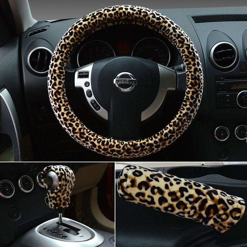 Universal Plush Leopard Car Steering Wheel Covers Gear & Hand brake Cover 3pcs Set - Brown