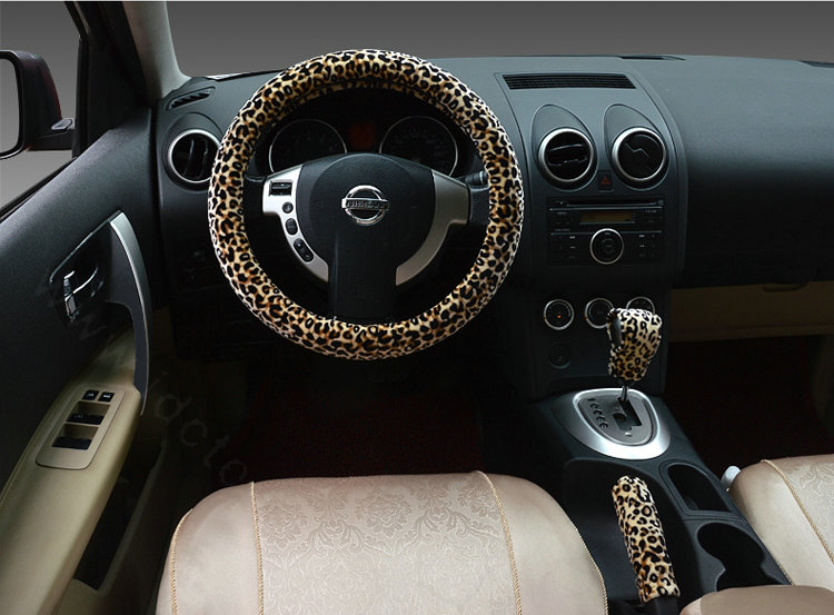 Universal Plush Leopard Car Steering Wheel Covers Gear & Hand brake Cover 3pcs Set - Brown