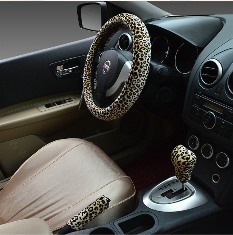 Universal Plush Leopard Car Steering Wheel Covers Gear & Hand brake Cover 3pcs Set - Brown