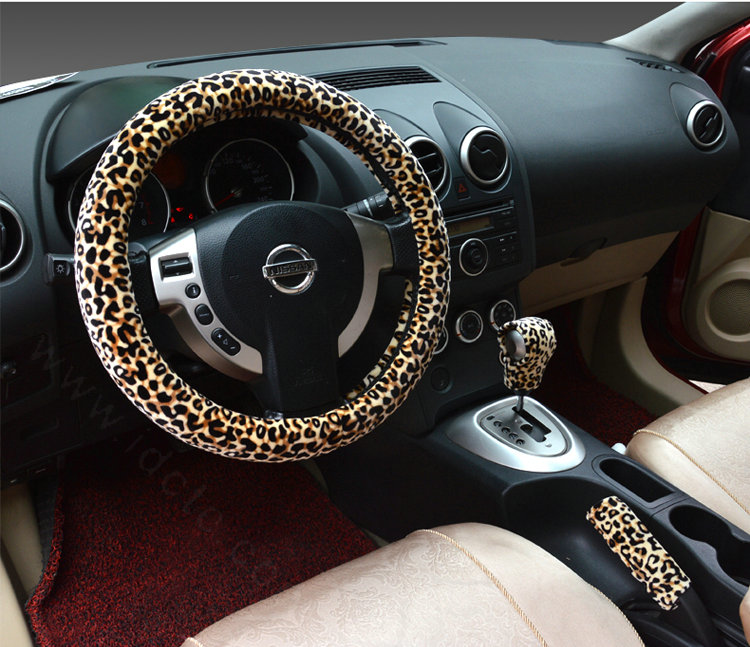 Universal Plush Leopard Car Steering Wheel Covers Gear & Hand brake Cover 3pcs Set - Brown