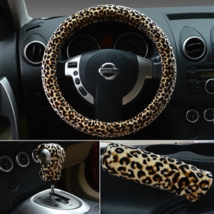 Universal Plush Leopard Car Steering Wheel Covers Gear & Hand brake Cover 3pcs Set - Brown
