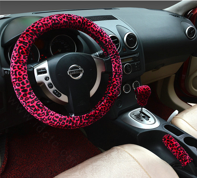 Universal Plush Leopard Car Steering Wheel Covers Gear & Hand brake Cover 3pcs Set - Rose