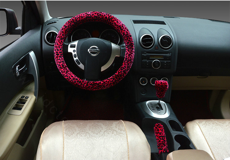 Universal Plush Leopard Car Steering Wheel Covers Gear & Hand brake Cover 3pcs Set - Rose