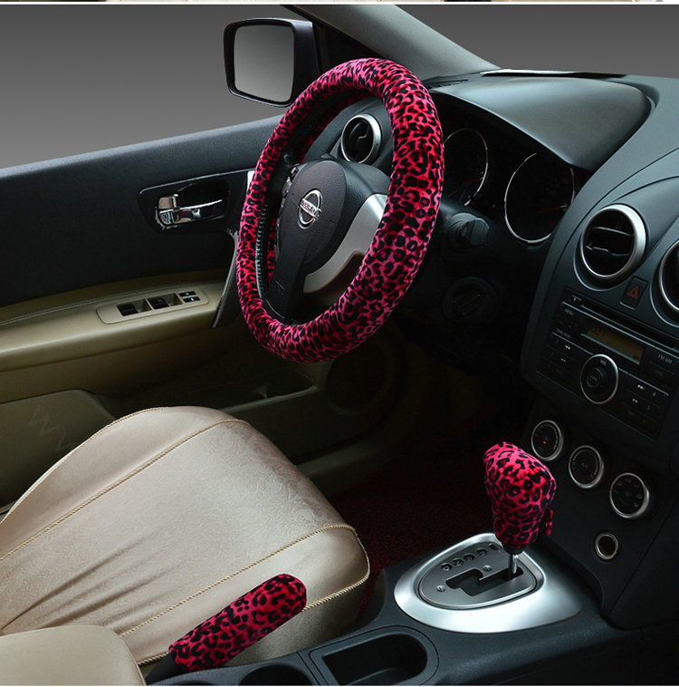 Universal Plush Leopard Car Steering Wheel Covers Gear & Hand brake Cover 3pcs Set - Rose