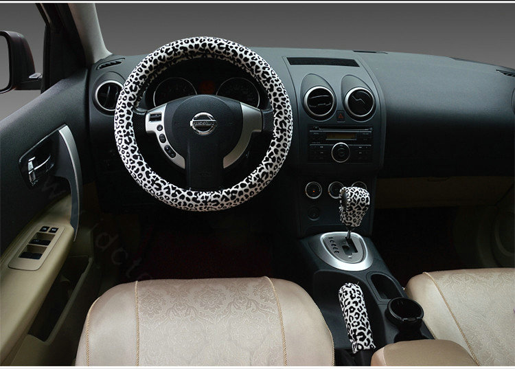Universal Plush Leopard Car Steering Wheel Covers Gear & Hand brake Cover 3pcs Set - White