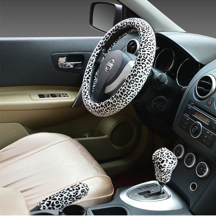 Universal Plush Leopard Car Steering Wheel Covers Gear & Hand brake Cover 3pcs Set - White