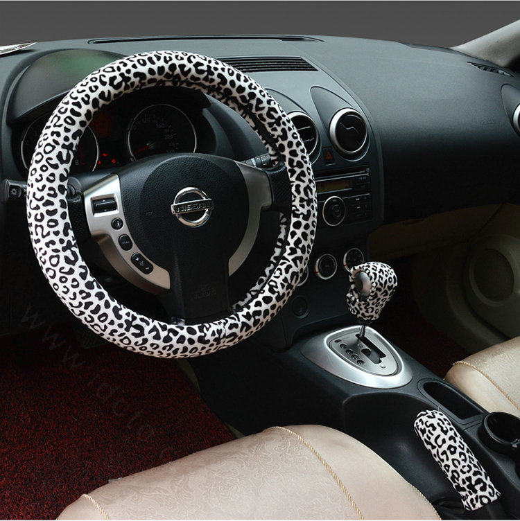 Universal Plush Leopard Car Steering Wheel Covers Gear & Hand brake Cover 3pcs Set - White