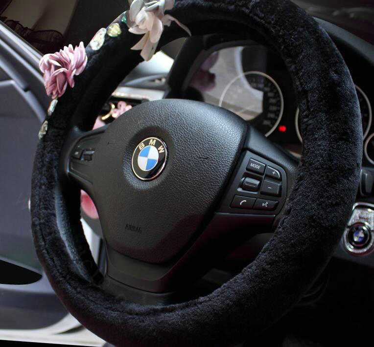 Vintage Women Crystal Flowers Car Steering Wheel Covers Plush 15 inch 38CM - Black